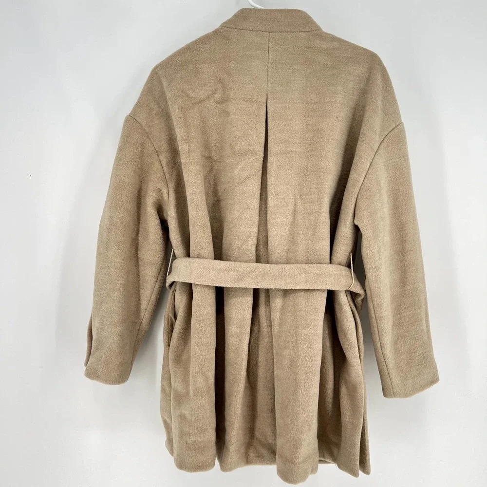 THE KORNER Women's size S Khaki Double Breasted Belted High-neck Wool Blend Coat - Picture 3 of 7